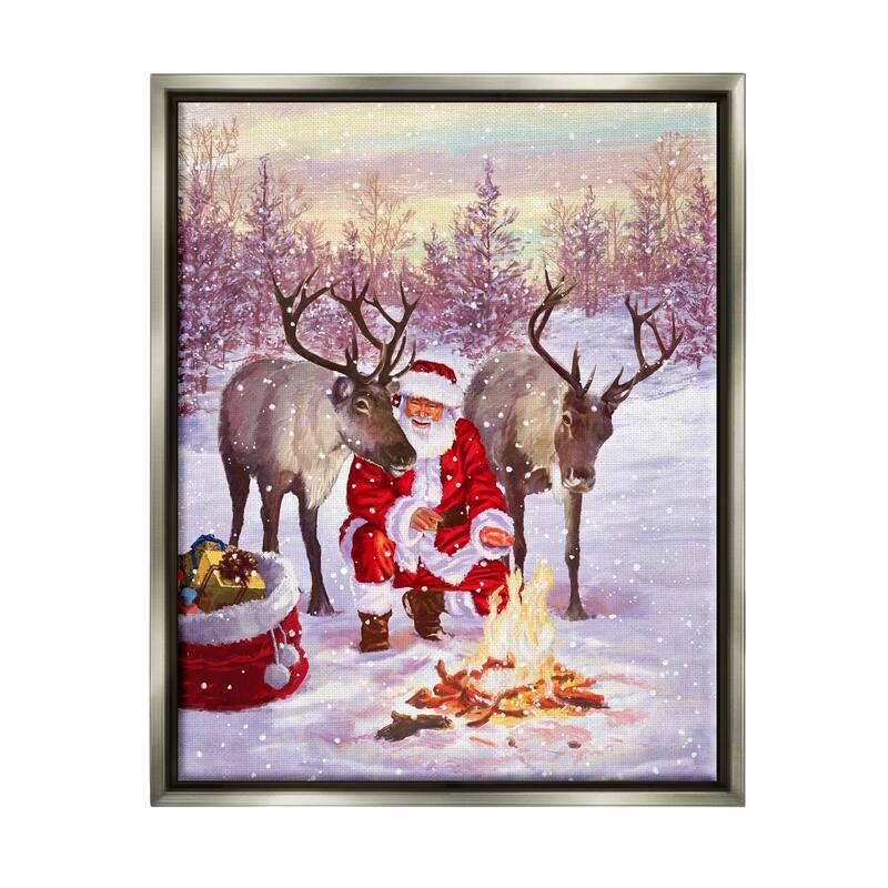 Stupell Santa & Reindeer Bonfire Scene Framed Floater Canvas Wall Art by Pip Wilson