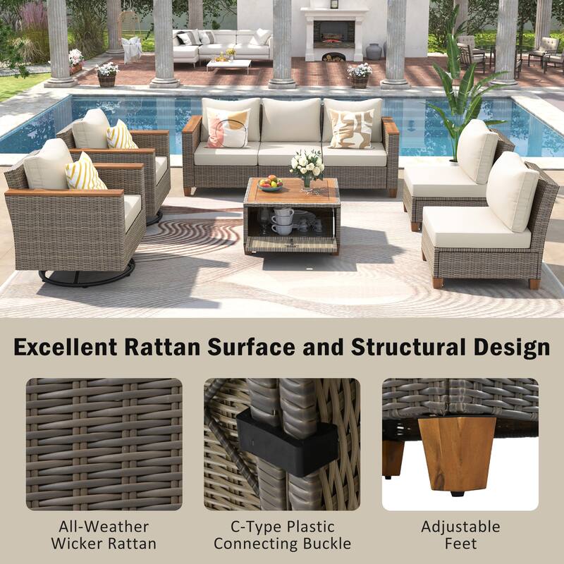 8-Piece Outdoor Patio Wicker Conversation Sofa Set with 2 Swivel Rocking Chairs and Acacia Storage Table