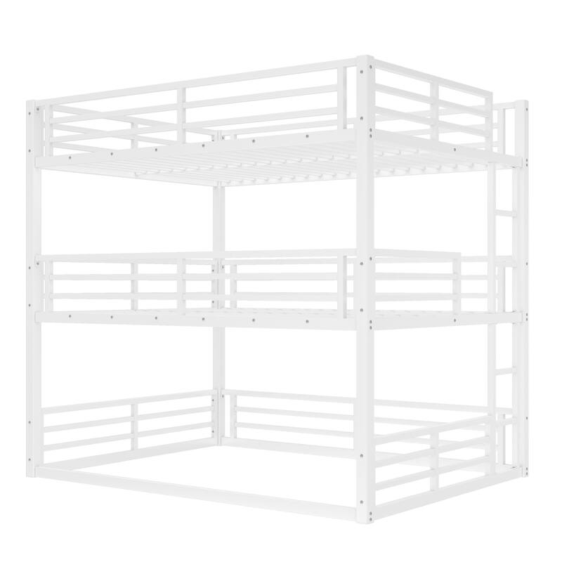 Roomfitters Twin/Full/Queen Metal Triple Bunk Bed with Safety Guardrails, Heavy-Duty Noise-Reduced Frame, White