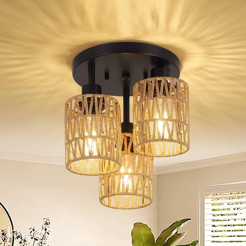 3-Light Flush Mount Ceiling Light with Hand-Woven Rattan Shades - Brown