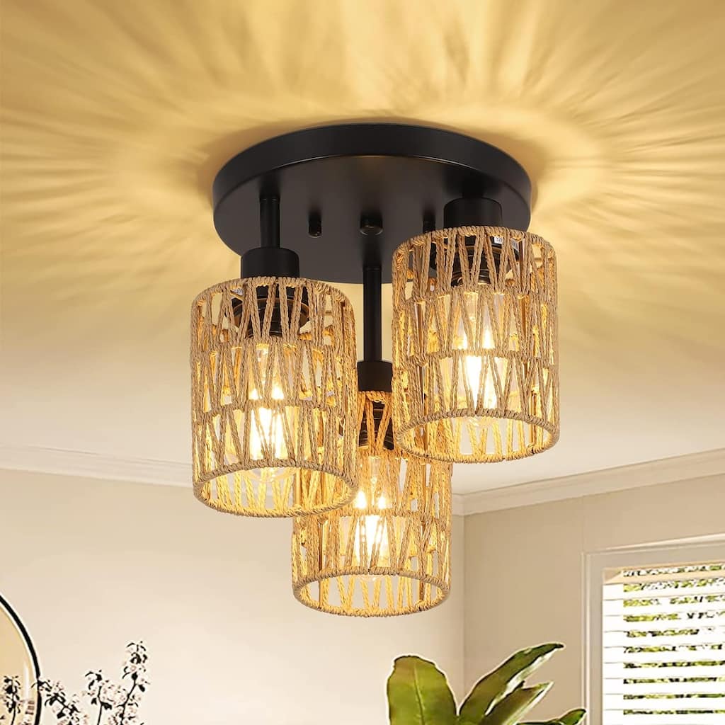Farmhouse LED Rattan Pendant Lights,Boho Chandelier Light Fixture,Rustic Wicker Hand Woven Rope Cage Basket Pendant Hanging