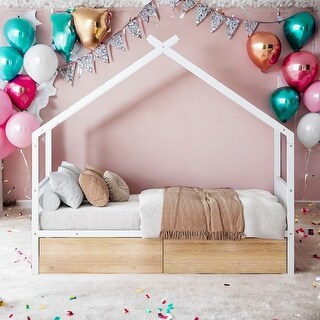 Metal Adorable House Twin Size House Bed with Two Drawers,Kids and Baby