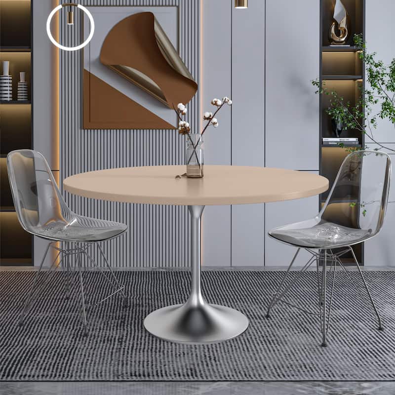 LeisureMod Verve 48" Round Dining Table with MDF Wood TableTop and Brushed Chrome Base for Kitchen & Dining Room