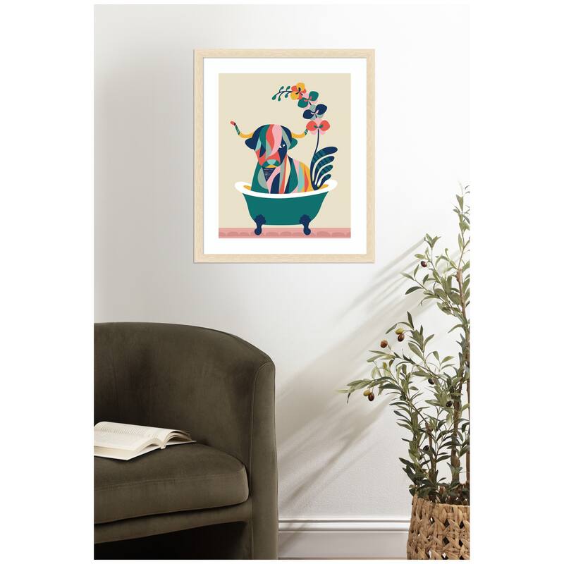Kate and Laurel Framed Art Mid Century Modern Cow in Bathtub by Rachel Lee