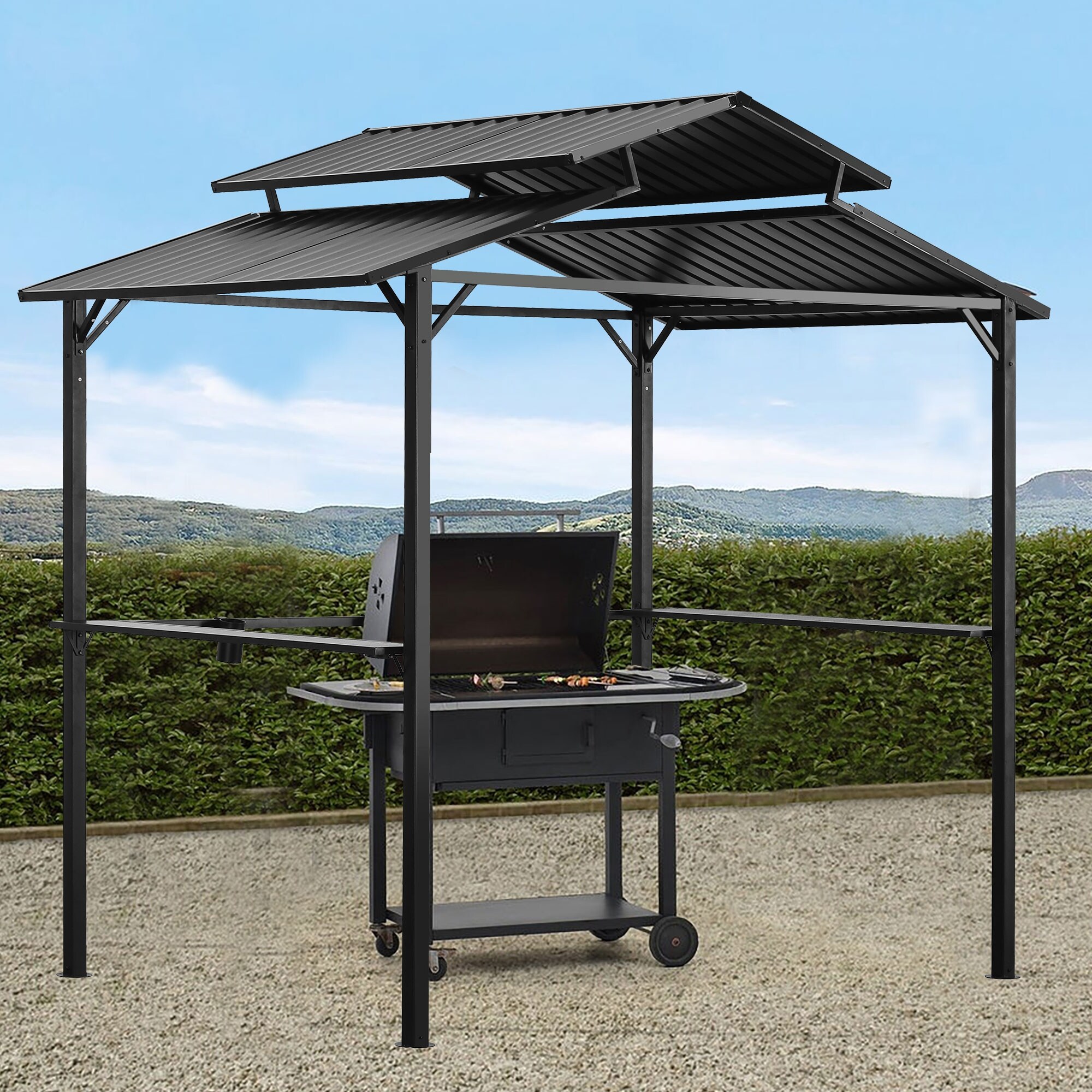 GDYGDY 8FT Outdoor Tent Black Grill Canopy With 2 Shelves & 3 Tool