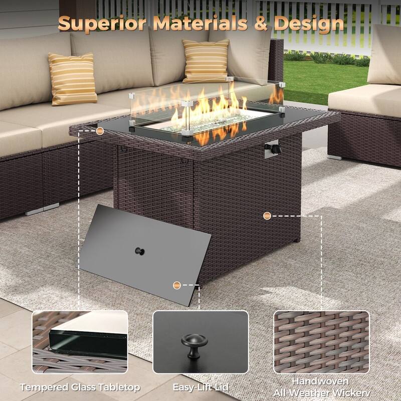 43" Wicker Outdoor Propane Fire Pit Table, 60,000 BTU, Wind Guard