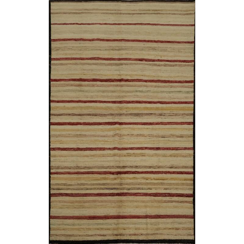 Hand Knotted Oriental 100% Wool Carpet Modern Stripe Beige & Ivories Gabbeh Area Rug - 9' 7'' X 6' 6''