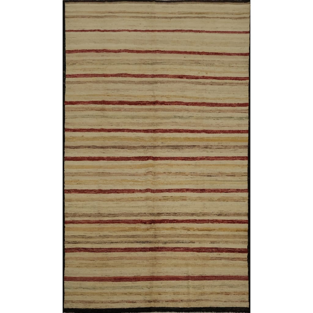 Hand Knotted Oriental 100% Wool Carpet Modern Stripe Beige & Ivories Gabbeh Area Rug - 9' 7'' X 6' 6''