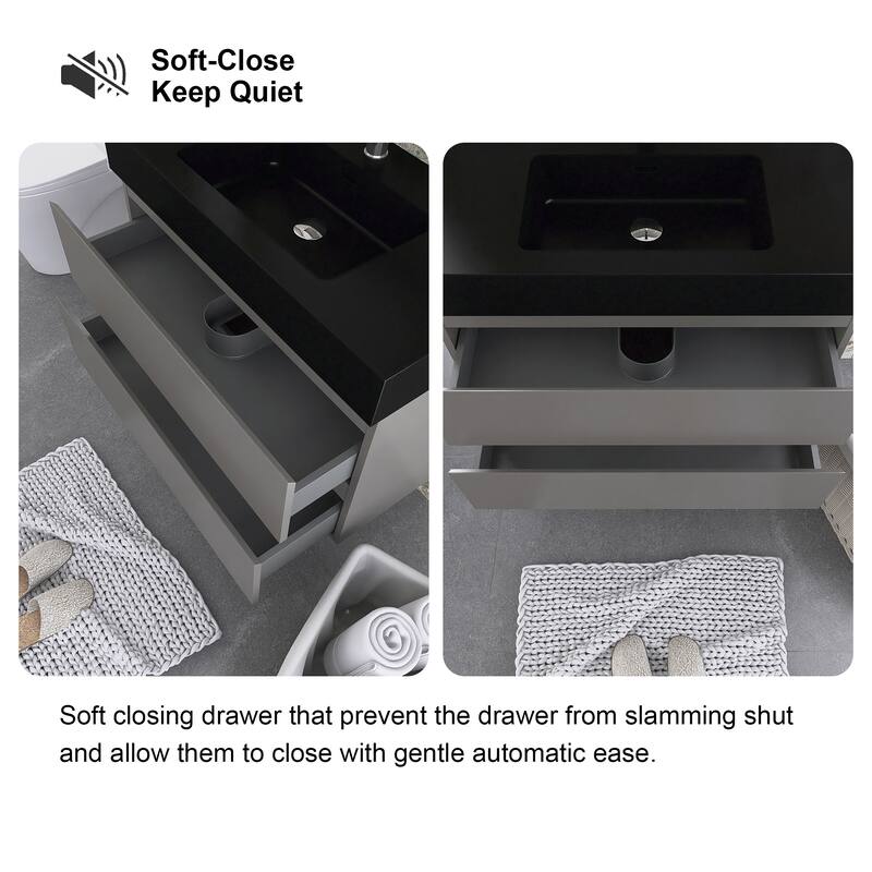 Floating Bathroom Vanity with Black Solid Surface Top