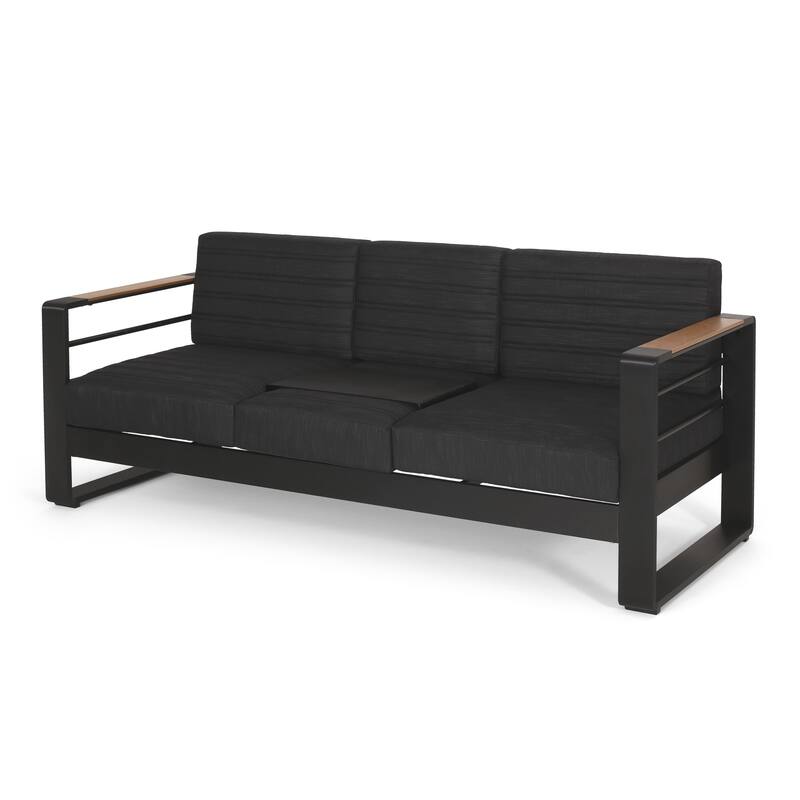Giovanna Outdoor Black Aluminum Sofa with Charcoal Cushions by Christopher Knight Home