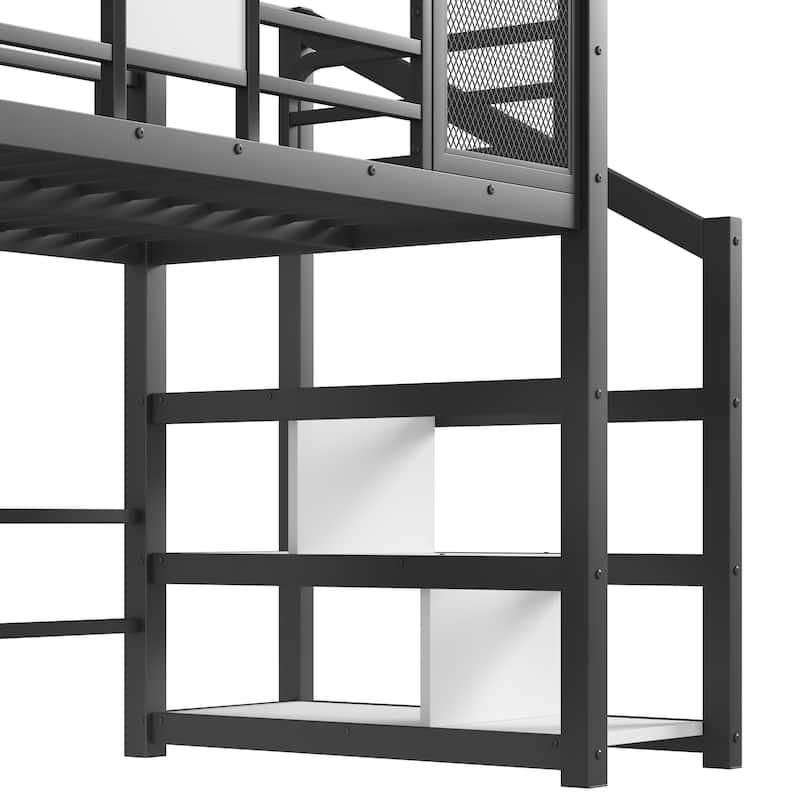 Fun Play House-shaped Loft Bed Metal Bed Frame with Grid and Shelves
