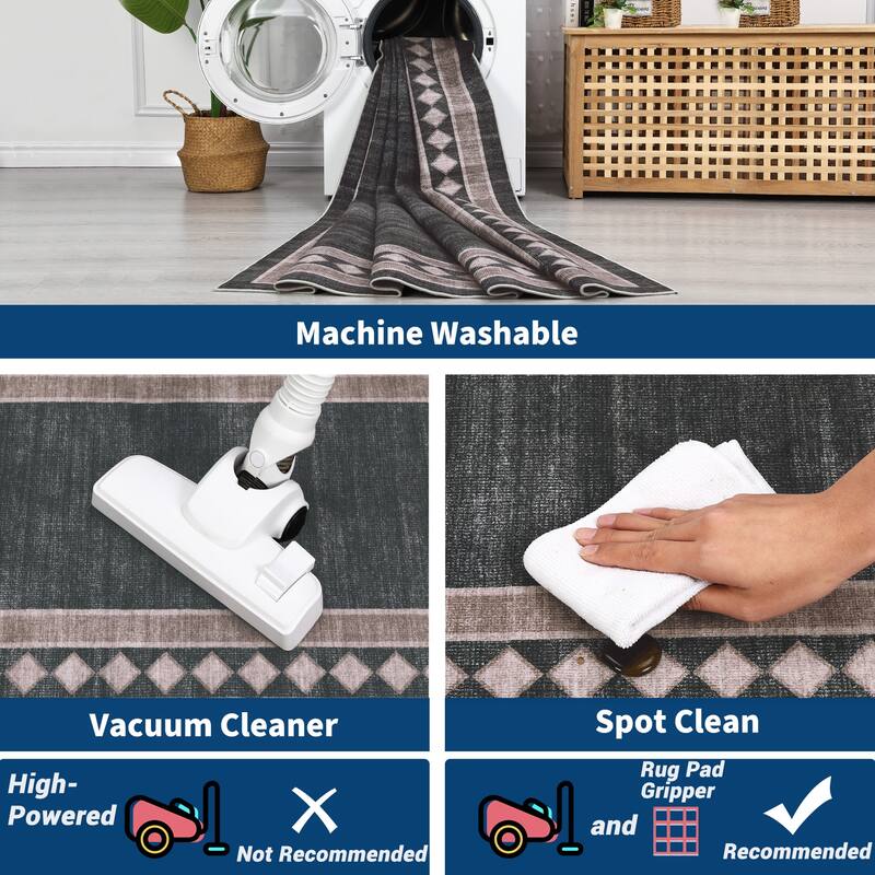 Modern Bordered Rug Non Slip Low Pile Area Rugs for Living Room, Machine Washable Area Rugs Soft Throw Rugs