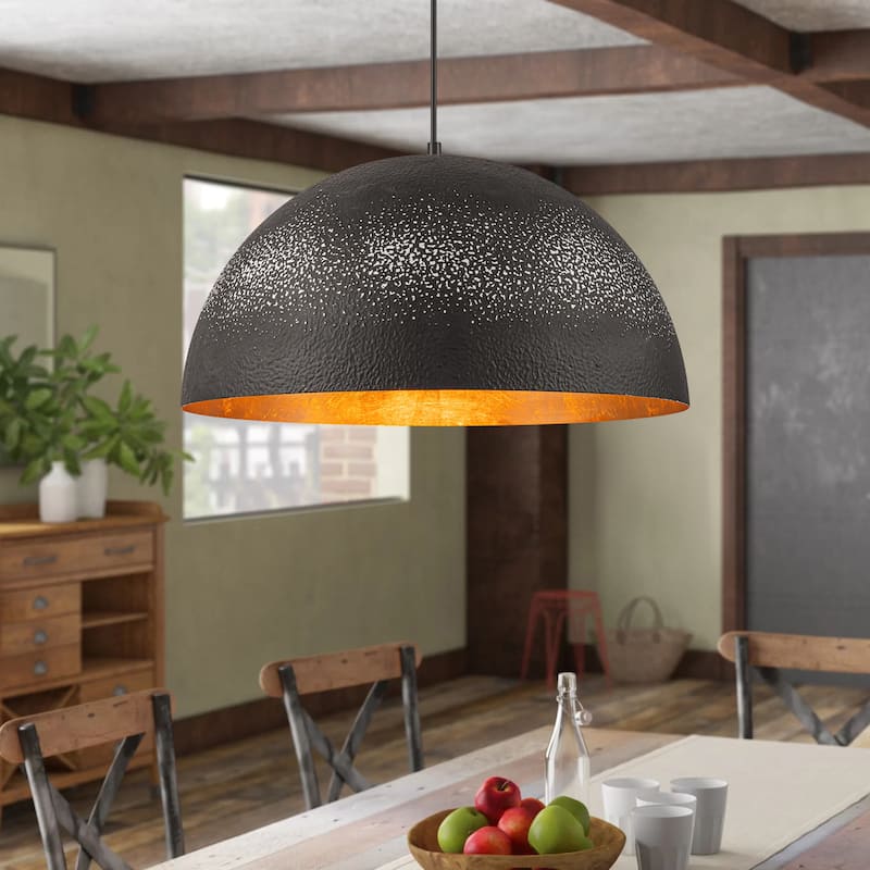 1-Light Vintage Industrial Painted Black Gold Leaf Dome Pendant Kitchen Island Lighting - 19.6 in. W x 11.8 in. H - 19.6 in. W x 11.8 in. H - Black