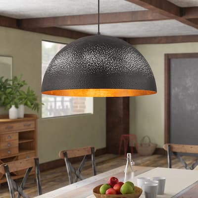 1-Light Vintage Industrial Painted Black Gold Leaf Dome Pendant Kitchen Island Lighting - 19.6 in. W x 11.8 in. H