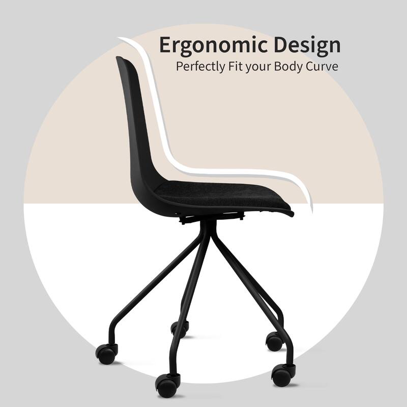Set of 2 Ergonomic Office Armless Task Chairs with Wheels Plastic Fabric Padded Seat Curved Round Metal Wire Legs for Computer