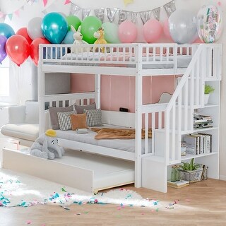 Modern Twin Over Twin Bunk Bed With Trundle And 4 Storage Side Shelves,3 Separate Beds for Bedroom