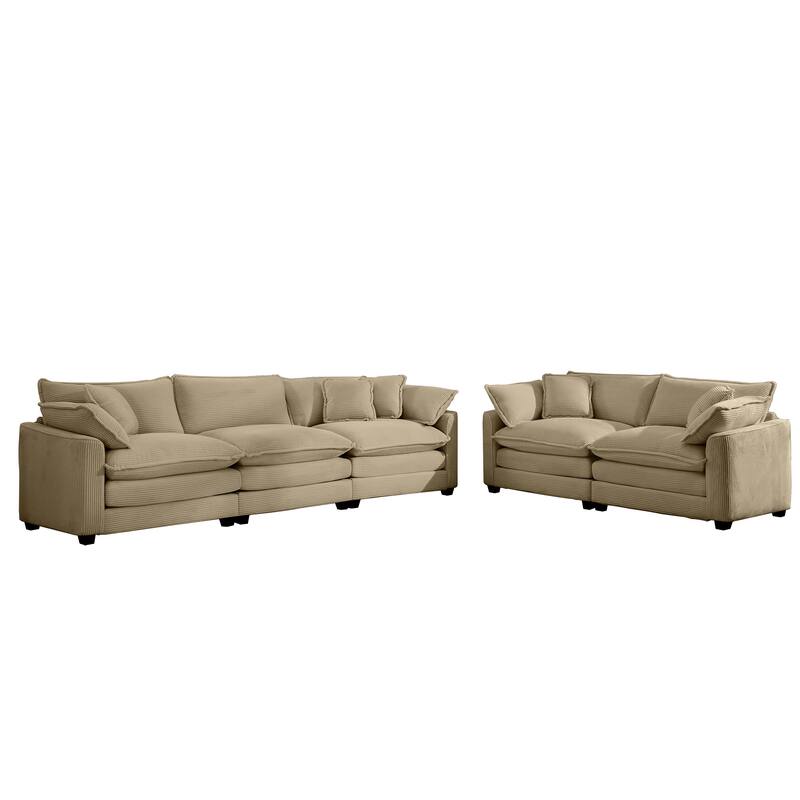 Corduroy Fabric Deep Seat Sofas Set with Throw Pillows, 3+2 Seater Flexible Combinations Sofa with Removable Armrests