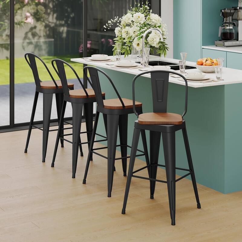 Swivel Counter & Bar Stools with Metal Frame Farmhouse 26" and 30" Seat Height Kitchen Barstools with High Back and Wooden Seat