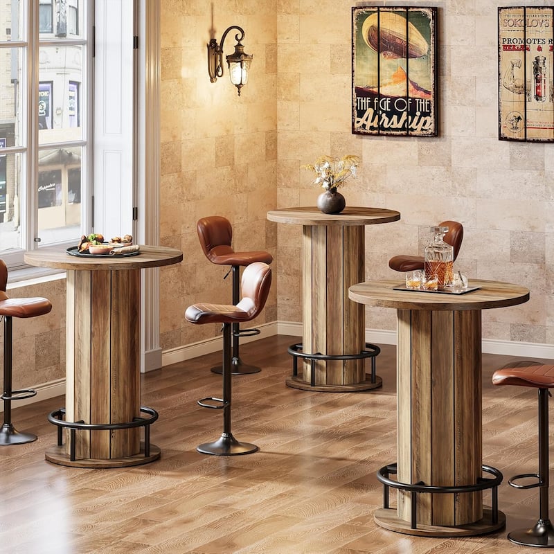 Round Bar Table, Wood Bistro Pub Table with Metal Ring Footrest