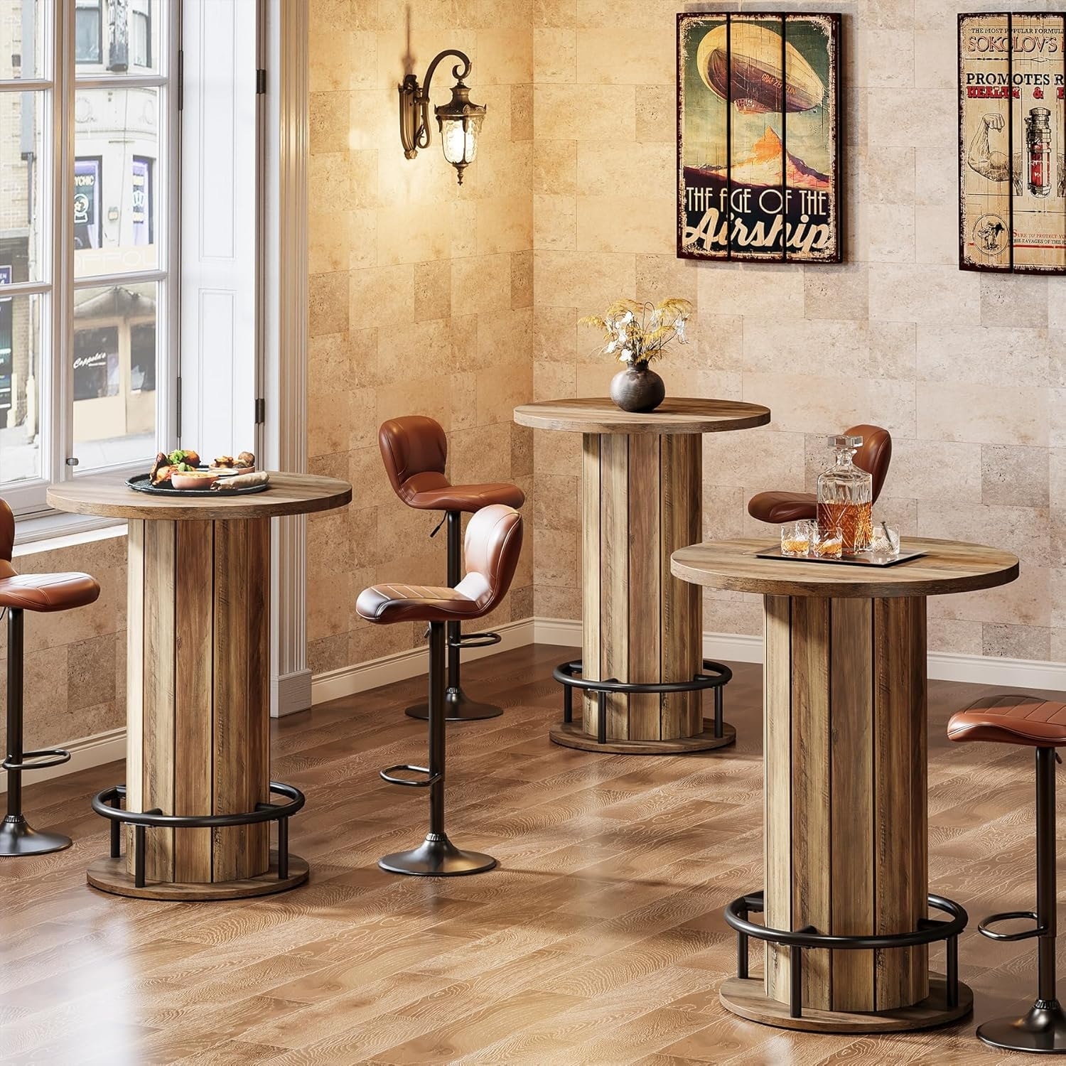 Round Bar Table, Wood Bistro Pub Table with Metal Ring Footrest
