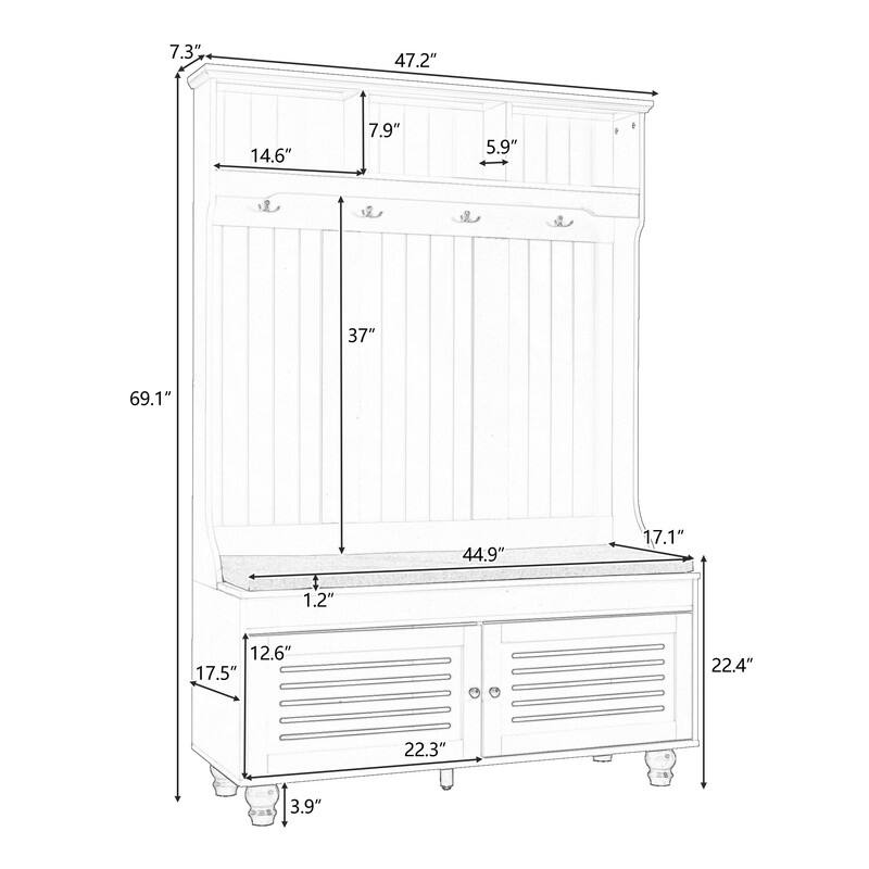 5-in-1 Entryway Hall Tree Bench with Shutter-shaped Doors,Cushion,Coat Rack and 4 Sturdy Hooks
