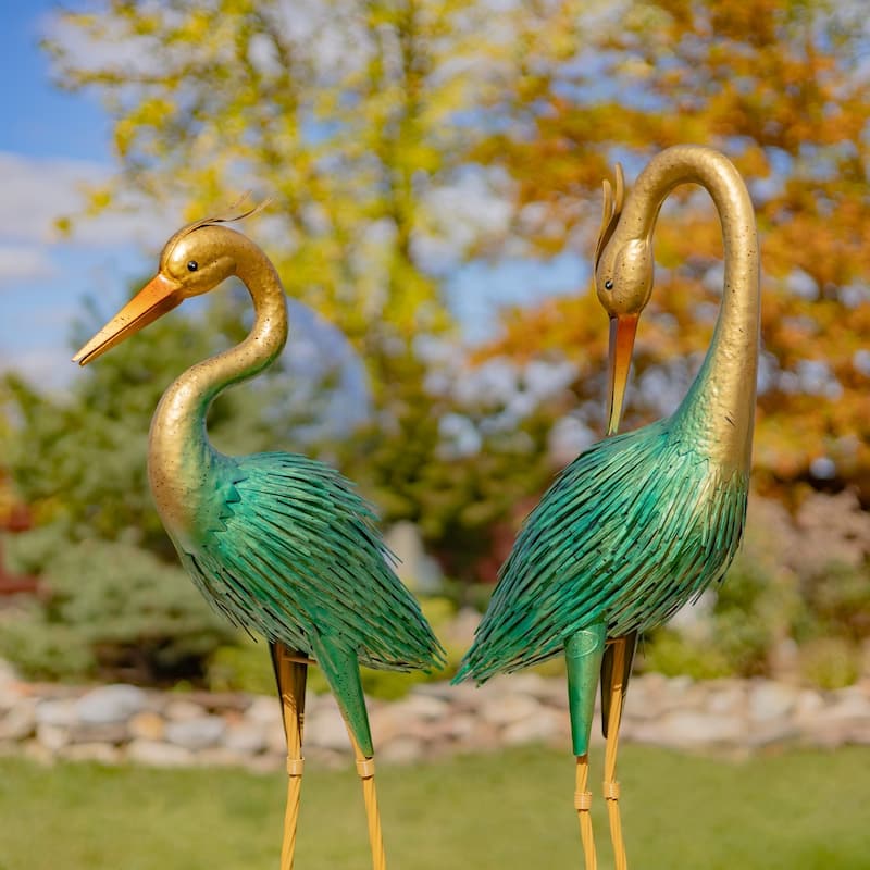 Set of 2 41 Inch Tall Metallic Heron Garden Figurines