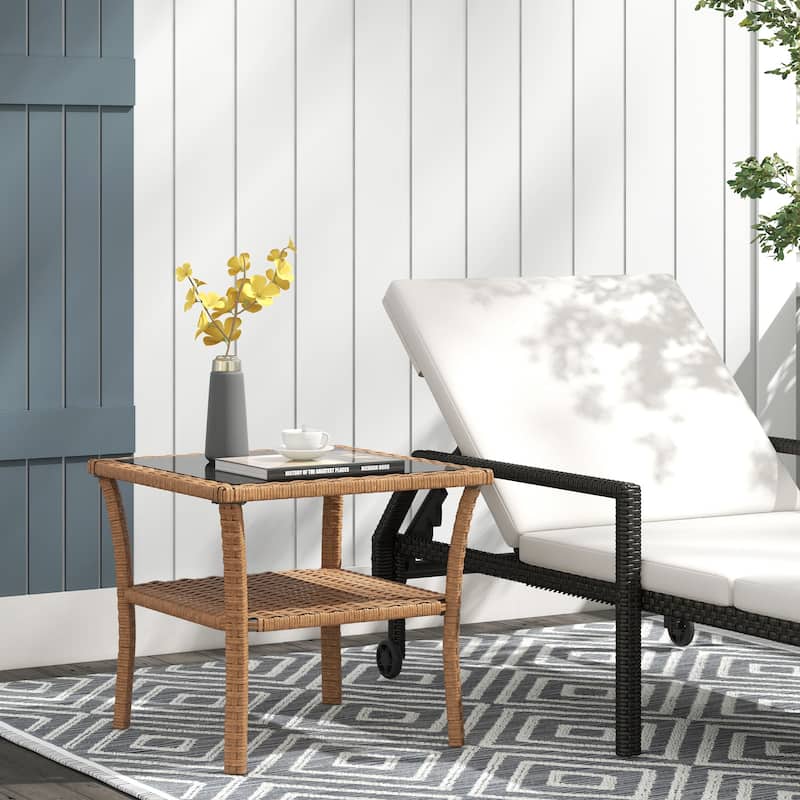 Rattan Side Table,Outdoor End Table with Storage Shelf,Aluminum Frame Square,Coffee Table with Tempered Glass Top