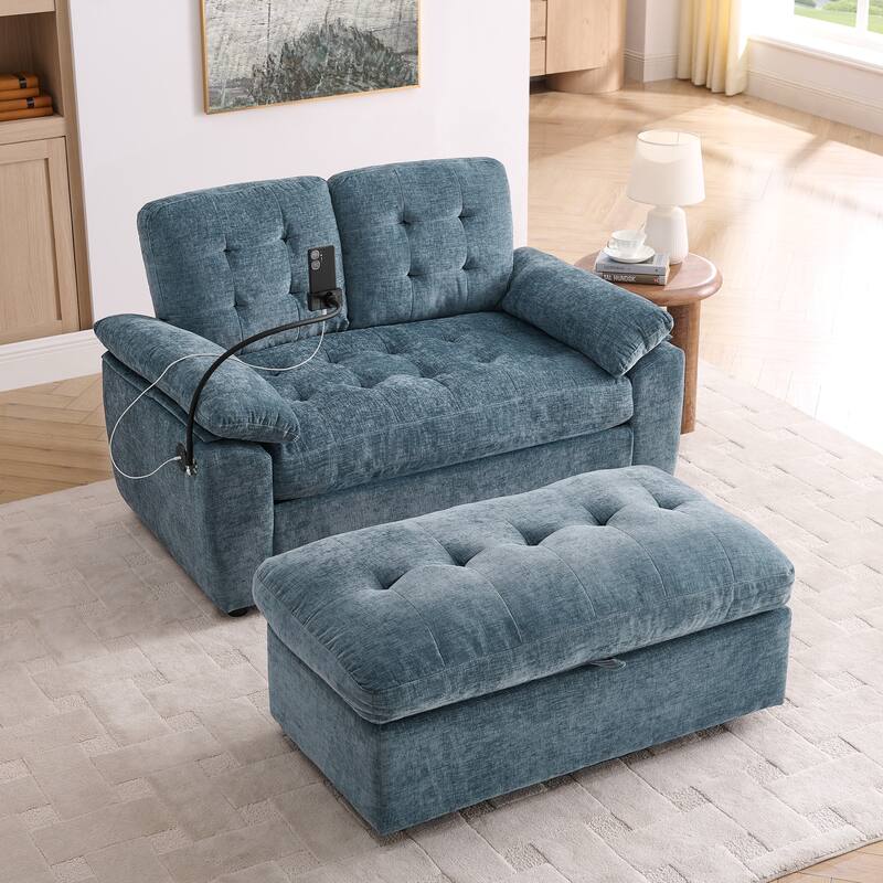 Double Recliner Chair with Adjustable Backrest, Storage Ottoman, USB Port & Phone Stand