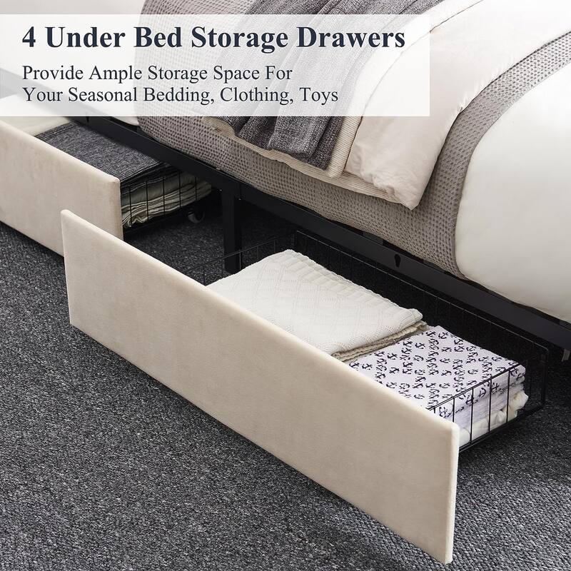 VECELO Upholstered Storage Bed Frames with 4 Storage Drawers, Platform Bed Frame with Adjustable Velvet Rivets Headboard