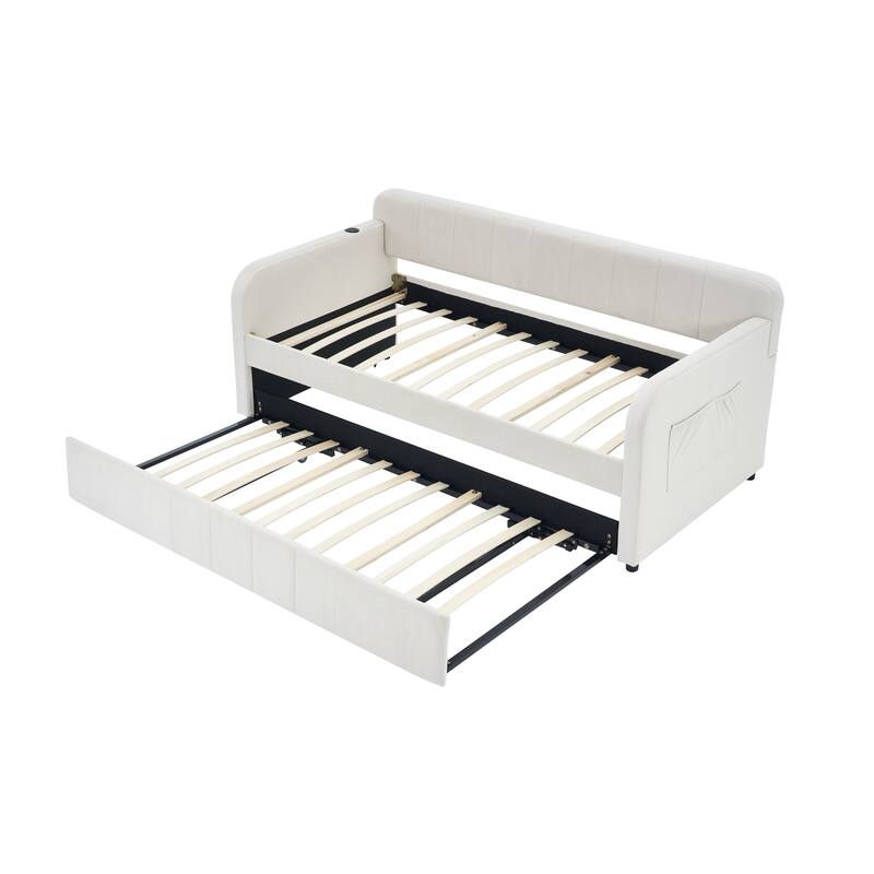 Twin Size Velvet Upholstered Daybed, Wood Sofa Bed Frame Daybed Couch with Trundle Bed and Wood Slat