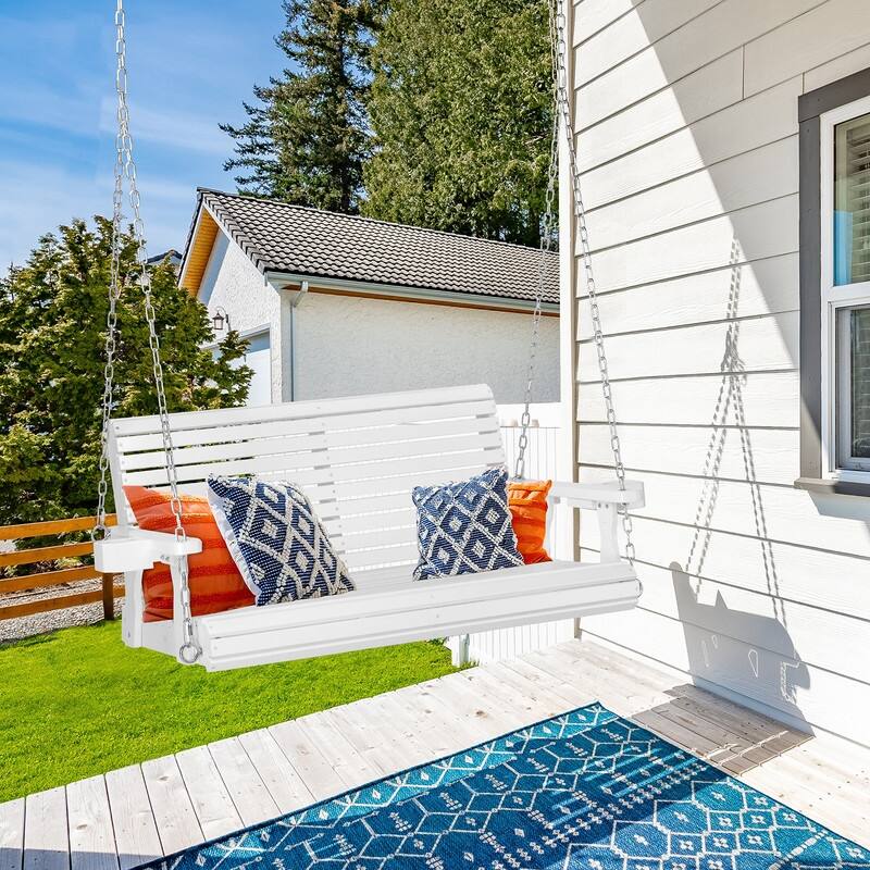 Upgraded 2-Person Wood Porch Swing with Cup Holders and Chains - N/A