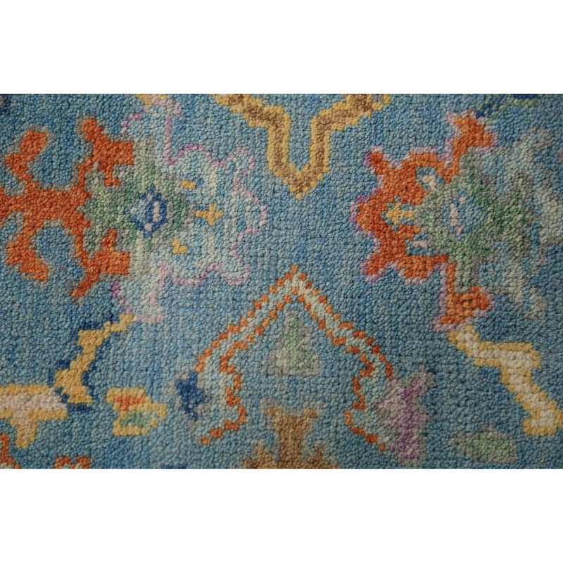Light Blue & Ivory Oushak Indian Foyer Rug Hand-Knotted Wool Carpet - 2'6"x 6'1"