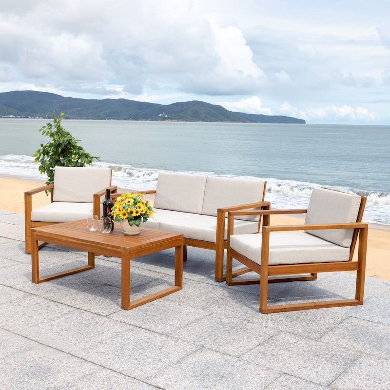 SAFAVIEH Outdoor Jalynn 4-Piece Outdoor Set - 31W x 30D x 50H - Natural / Light Grey