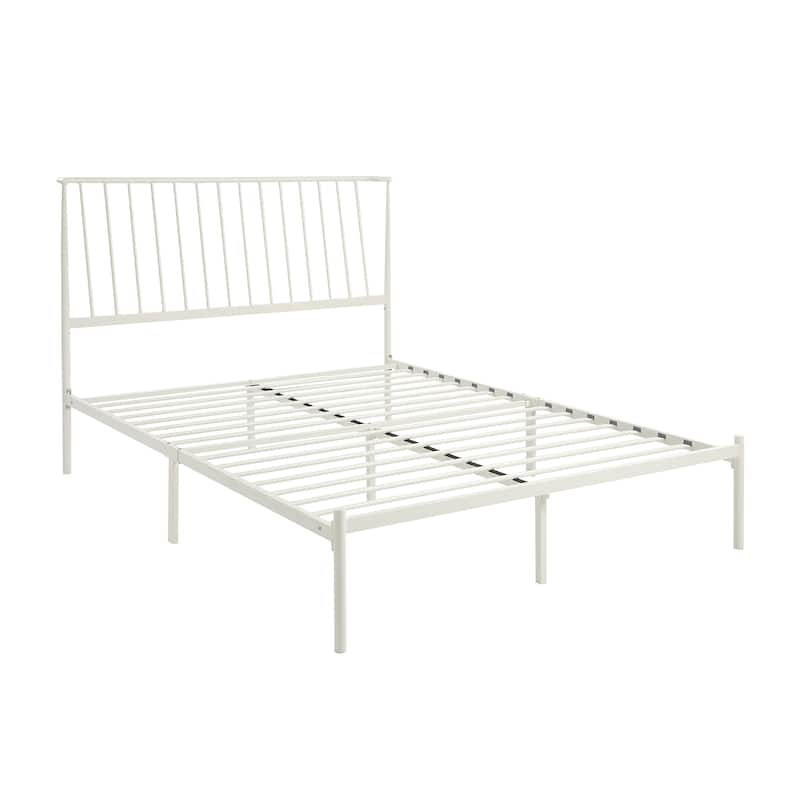 Metal Frame Queen Platform Bed White Finish Angle Headboard Bedroom Furniture 1pc