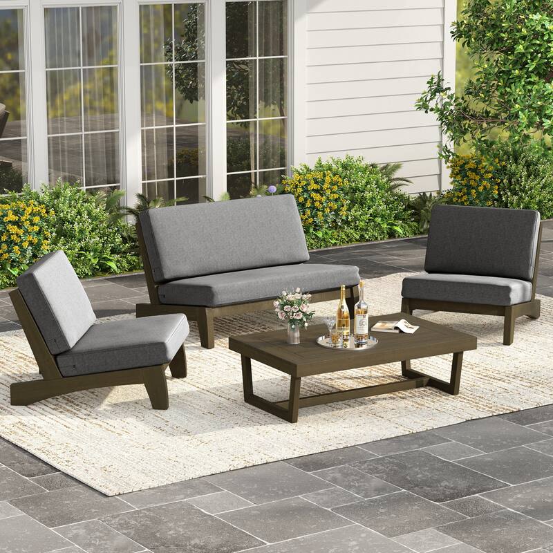 4 Piece Outdoor Wood Loveseat Chair Conversation Set with Cushion - Brown Wood - Grey