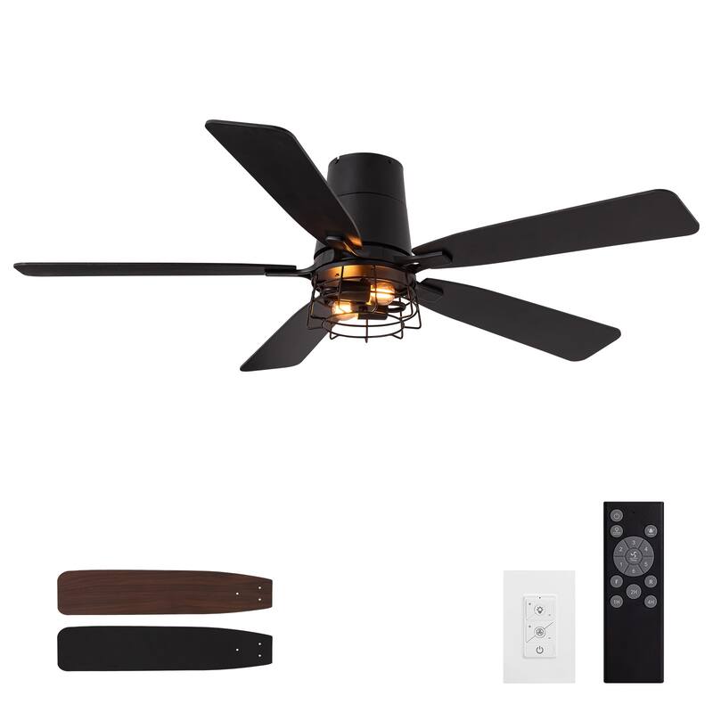 Modern Black Low Profile Small Caged Ceiling Fan with Light and Remote