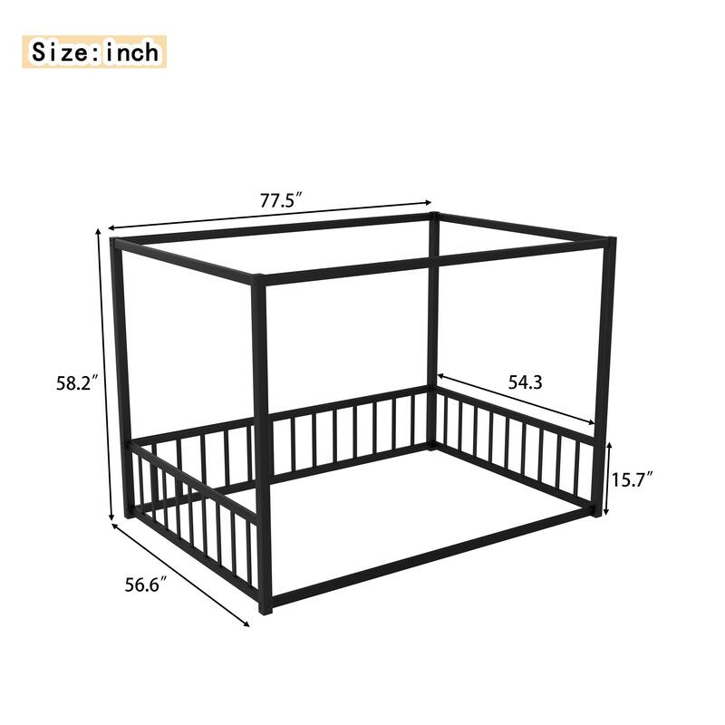 Queen Size Modern Floor Bed Frame with Canopy Structure and Full Guardrails, Low-Profile Metal Platform Bed