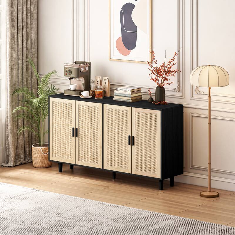 Rattan Sideboard Storage Cabinet Console Table with Adjustable Shelf
