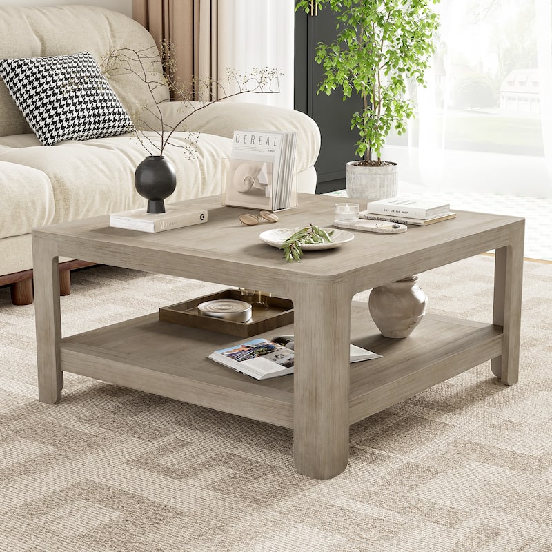 Square Coffee Table with Open Storage Shelf, Double-Tier Wooden Center Table for Living Room/Office, Classic Cocktail Table