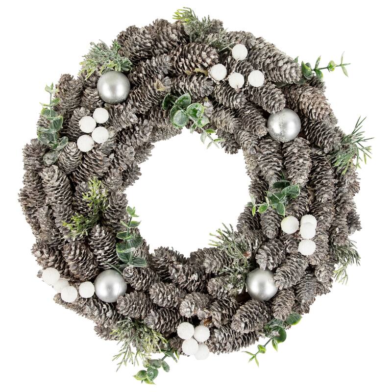 White Berry Pinecone Foliage Christmas Ornament Wreath, 12.5", Unlit