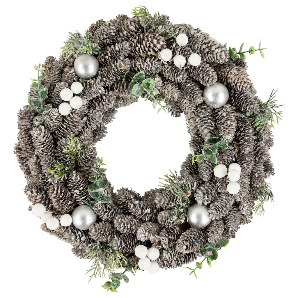 White Berry Pinecone Foliage Christmas Ornament Wreath, 12.5", Unlit