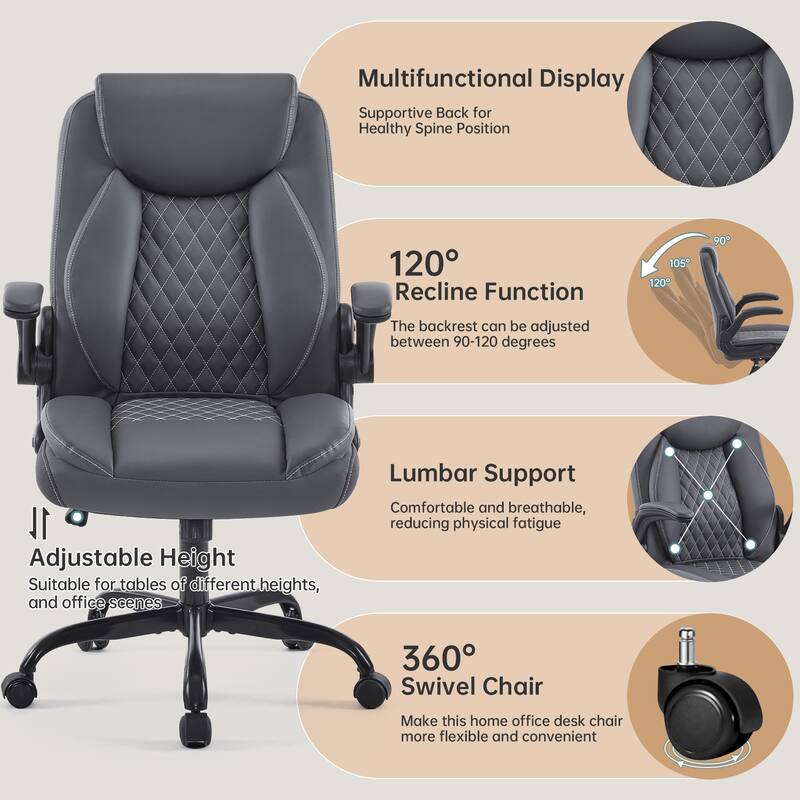 Leather Ergonomic Back Support Swivel Executive Office Chair with Wheels and Flip-Up Armrests, with Adjustable Rocking Function