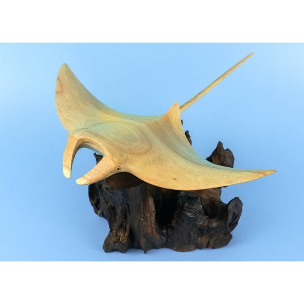 slide 2 of 6, Wooden Hand Carved Stingray on Coral Statue Sculpture Wood Home Decor Accent Figurine Handcrafted Handmade Seaside Tropical N 11" long x 8" deep x 6" tall
