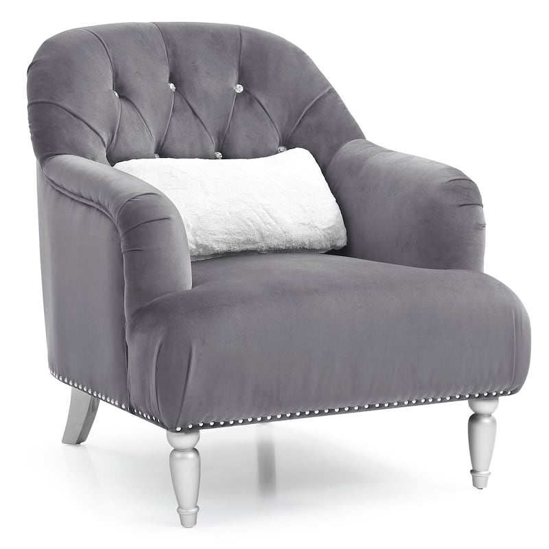 Tufted Upholstered Jeweled Velvet Accent Chair with Throw Pillow - 37" - Gray