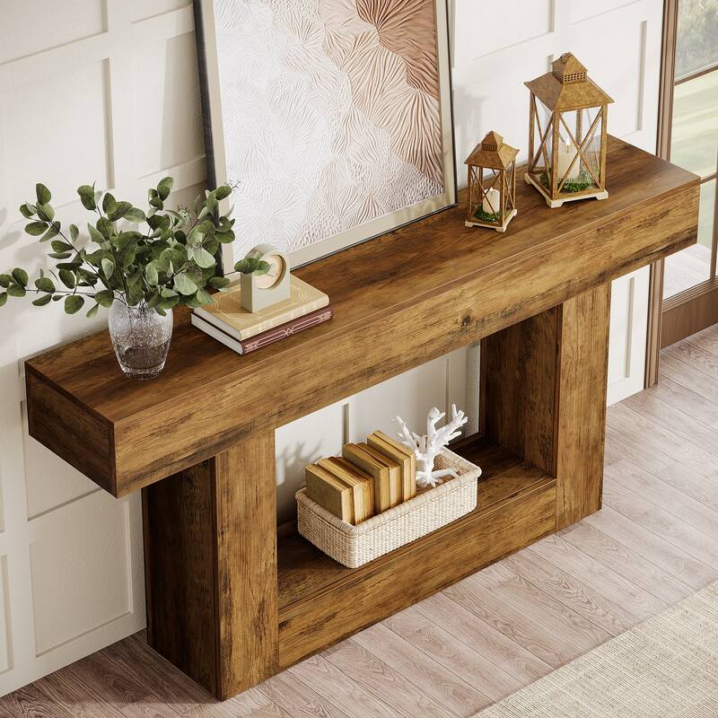 63 Inches Brown/ Gray Wood Console Table, Farmhouse Entryway Table for Hallway