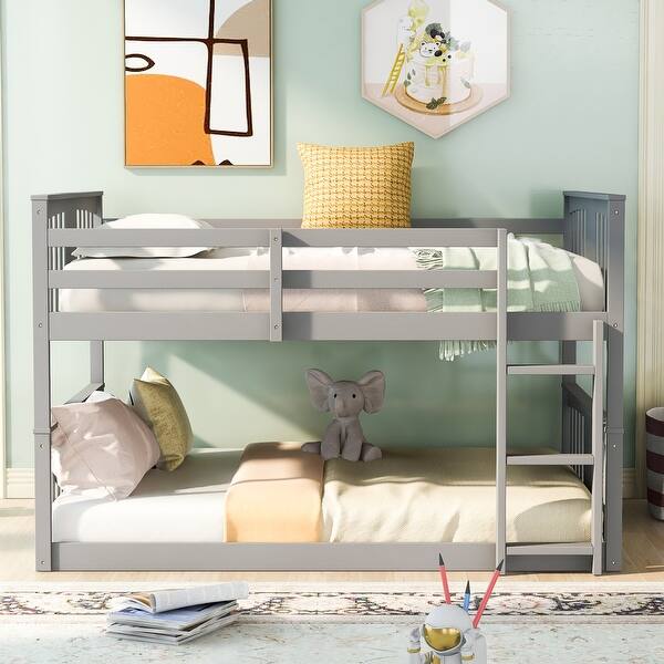 slide 2 of 18, Full over Full Bunk Bed, Wood Frame with Headboard, Footboard & Guardrail Gray