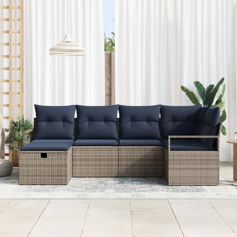 vidaXL 6/7 Garden Sofa Set with Cushions Black/Brown/Grey Poly Rattan - 91.3 x 48 x 27.2