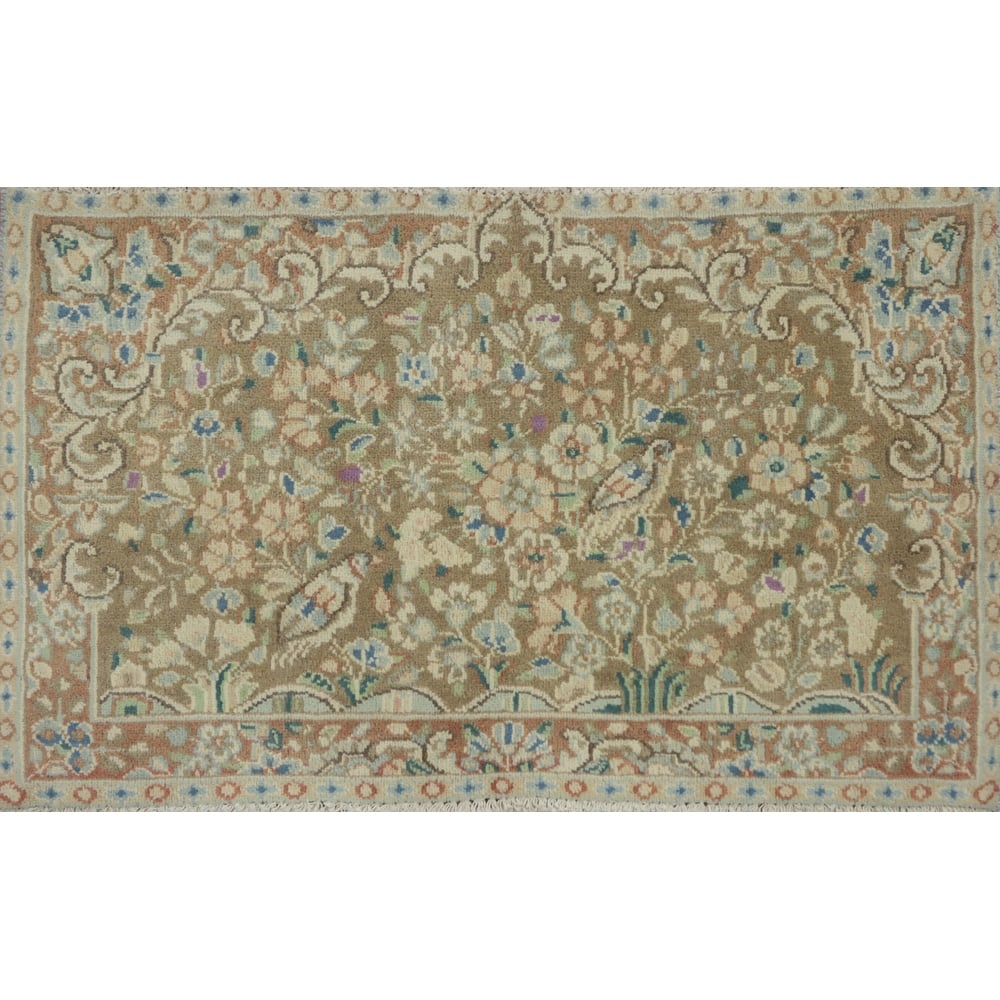 Hand Knotted Oriental 100% Wool Carpet Traditional Floral Brown Kerman Area Rug - 2' 9'' X 1' 9''