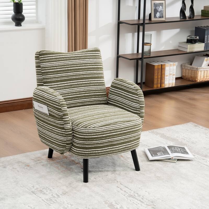 HOMEFUN Boucle Upholstered Stripes Comfortable Wood Frame Single Armchair with Side Pocket - Olive Green