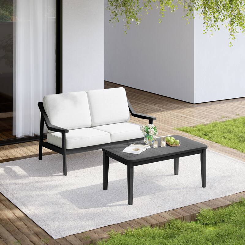 Outdoor Wood Teak Cushioned Patio 2 Seater Loveseat with Coffee Table